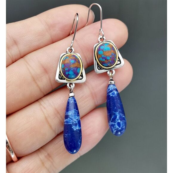 Beautiful Faux Lapis Lazuli Blue Stone Teardrop Dangle Earrings Silver Tone Hook - Picture 2 of 10